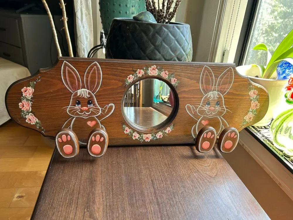 Vintage handmade wall hat coat rack rabbit mirror pine wood 1990s